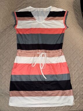 Striped Coral & Gray Drawstring Casual Women’s Dress